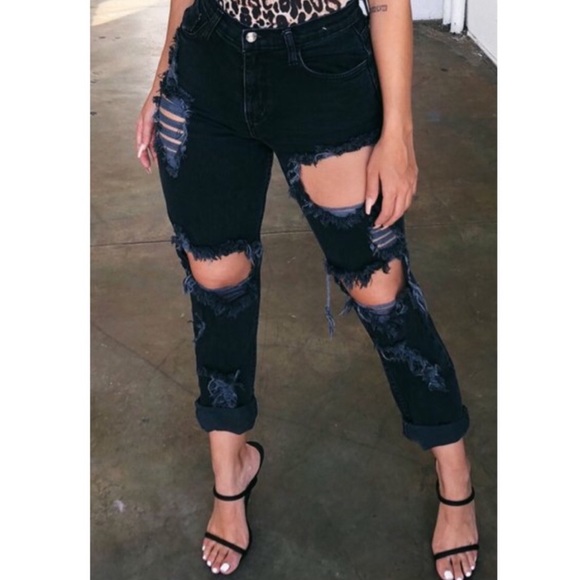 . OOTDFASH Ripped To Shreds Black Mom/Boyfriend Jeans - Picture 7 of 11